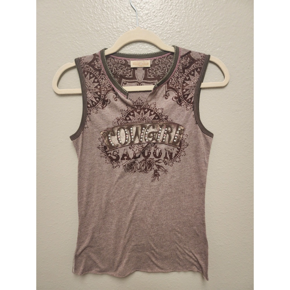 Cowgirl Skinny Minnie Saloon Tank Top Mauve Western Graphic Embellished Medium